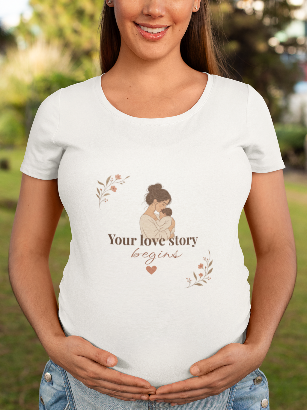 Your Love Story Begins first-time mom t-shirt with watercolor mother and baby design, view 1