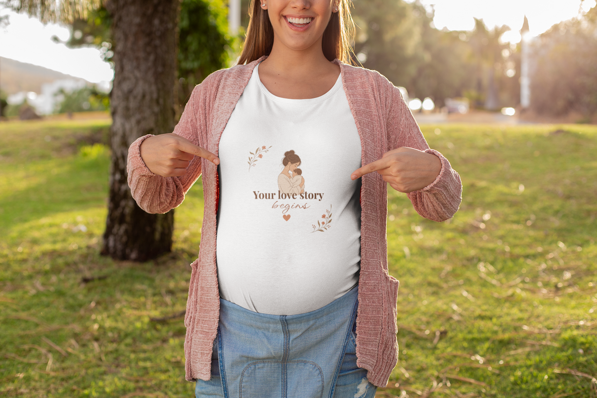 Your Love Story Begins first-time mom t-shirt, view 6