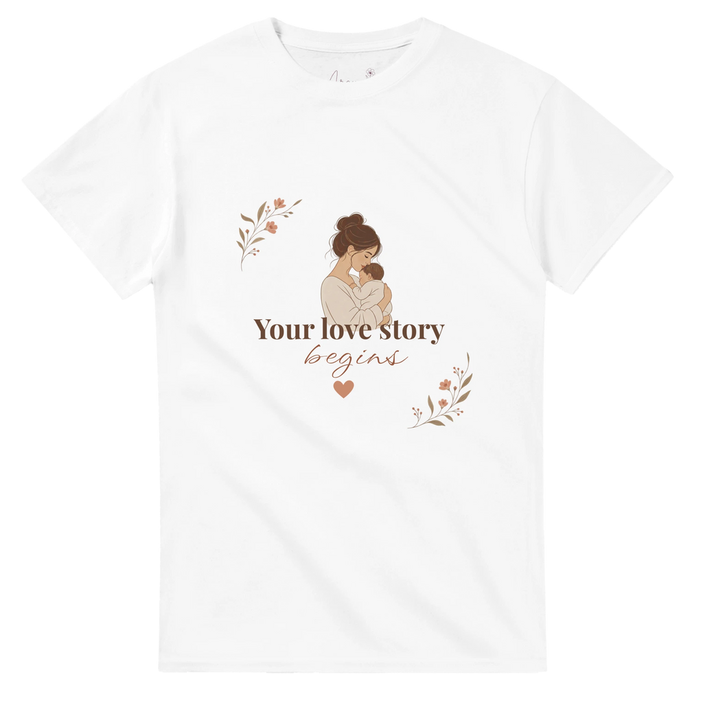 Your Love Story Begins first-time mom t-shirt, view 8